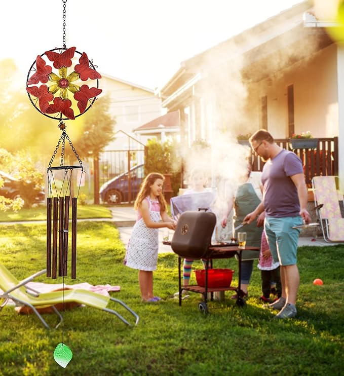 CoTa Global Red Butterflies Hanging Metal Wind Spinner Wind Chime - Relaxing Harmonic Indoor or Outdoor Wind Spinner for Yard, Garden, Porch Patio, Beautiful Unique Art Ornament Mobile - 40 Inches