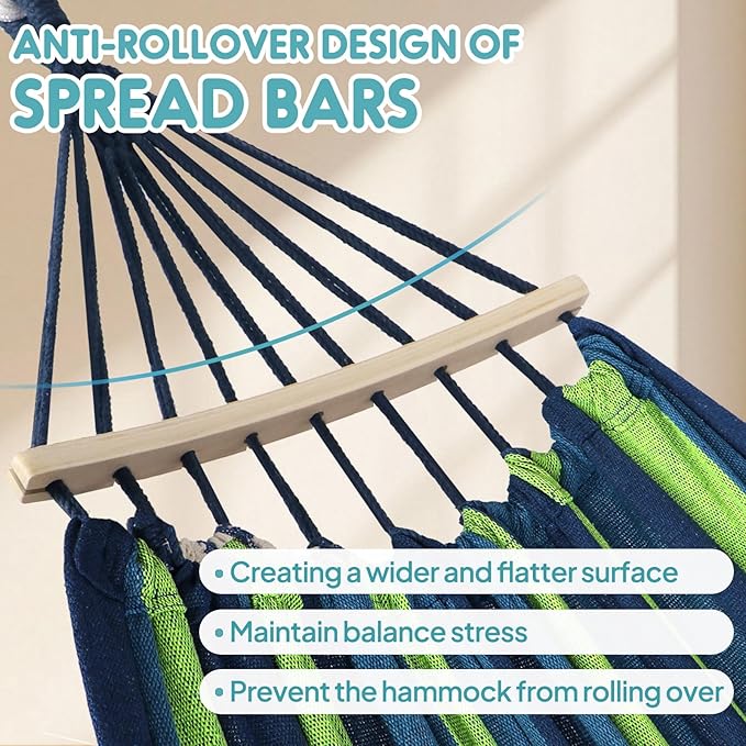 Anyoo Garden Cotton Hammock Comfortable Fabric Hammock with Spreader Bar Sturdy Hammocks Up to 450lbs Portable Lightweight Hammocks with Travel Bag for Camping Outdoor/Indoor Patio Backyard