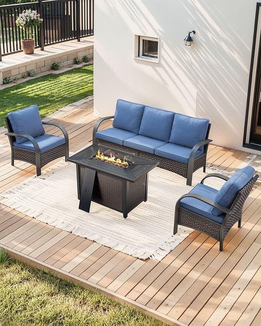 HUMMUH Wicker Patio Furniture Set with Fire Pit-Outdoor Wicker Chairs Set of 2 with Outdoor Patio Couch Outdoor Furniture Sets for Deck Porch Garden Poolside Backyard-Brown/Blue