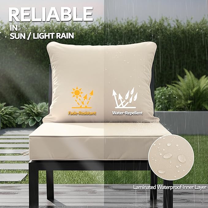 24x24 Inch Outdoor Chair Cushions Set of 4, Patio Furniture Cushions - Removable Cover, Water-Repellent, Fade-Resistant, Non-Slip Bottom & Straps, Replacement for Deep Seat Sofa & Couch - Cream