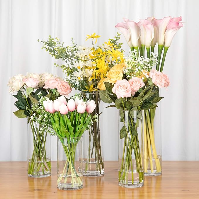 WGVI Quality Thick Weighted Clear Cylinder Glass Vases, 4" W x 12" H, Flower Arrangement Floating Candle Holders Wedding Centerpieces Terrarium Planter Floral Countertop Storage Container, 1 Piece