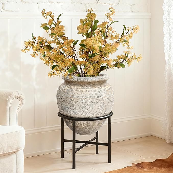 LuxenHome 17.5" Dia Large Planters for Indoor Plants, Indoor Plant Pots with Stand, Distressed Cachepot for Living Rooms, Entryway, Office