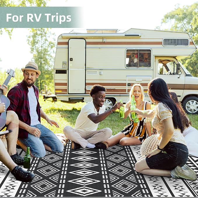 GOTGELIF Outdoor Rug 9x12FT Boho Style, Reversible & Water-Resistance & Portable Plastic Straw Rug for RV Trips, Picnic, Camping, Outdoor, Garden, Patio - White and Black Patio Rug