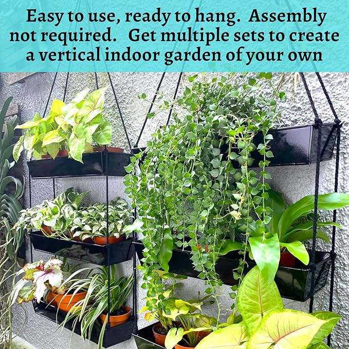 LaLaGreen 16 Inch Wall Mounted Tiered Planter for Indoor Succulent Plants, 3 Tier Modern Black Rectangular Metal Planter