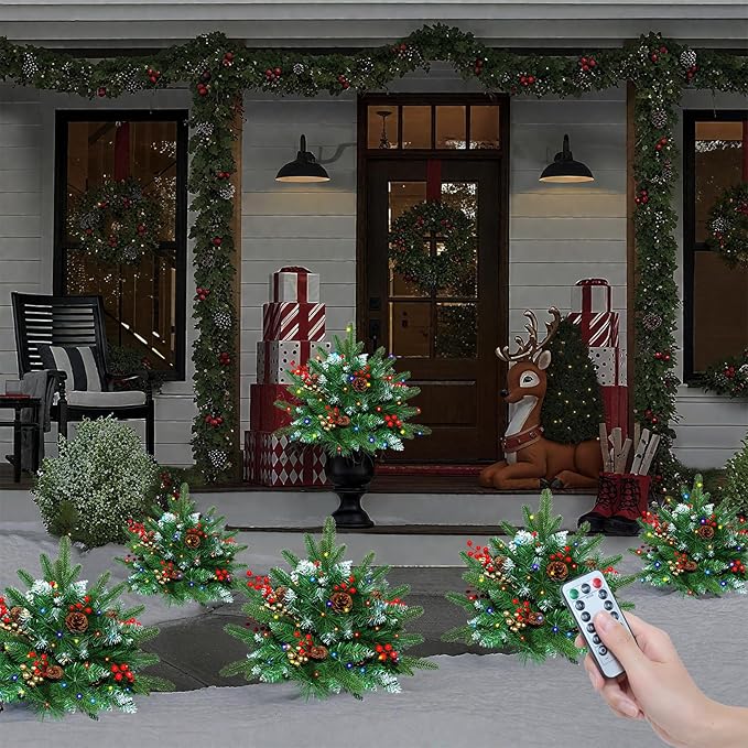 Set of 2 23.6 Inch Lighted Outdoor Christmas Tree Christmas Planter Filler with Remote, 8 Modes, Battery Operated Urn Filler Porch Decorations with Pine Cones, Red Berries for Pathway Yard Home Decor