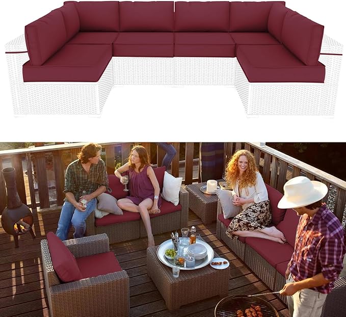 Outdoor Sectional Cushions Replacement Set, 26x26in Patio Furniture Cushions, 14 Pieces Waterproof Outdoor Couch Cushion for 6 Seat Wicker Conversation (Burgundy)