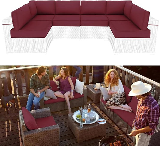 Outdoor Sectional Cushions Replacement Set, 26x26in Patio Furniture Cushions, 14 Pieces Waterproof Outdoor Couch Cushion for 6 Seat Wicker Conversation (Burgundy)