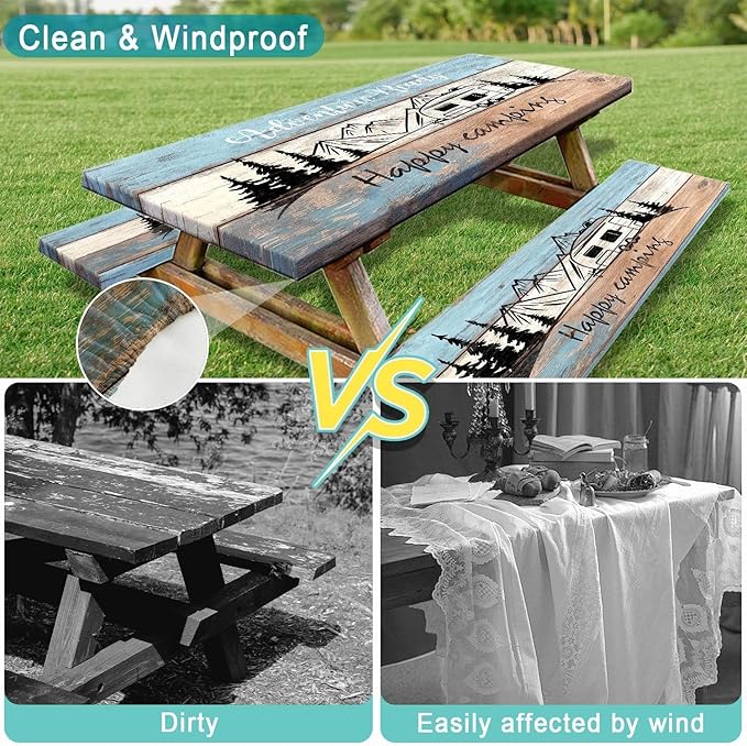 3PCS Picnic Table Cover with Bench Cover Wooden Happy Camping Tablecloth Fitted Picnic Picnic Table Cover with Elastic Windproof Waterproof, Outdoor & Garden Camping Accessories Essentials 72IN