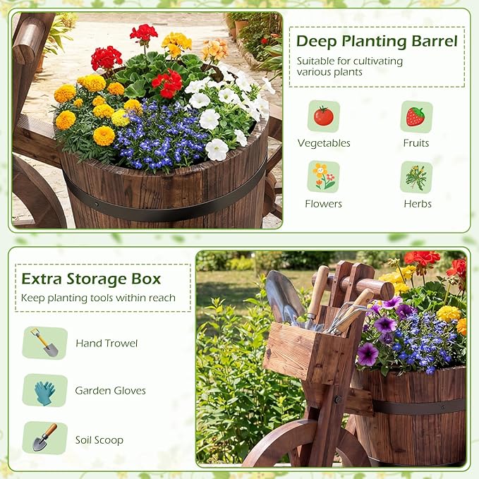 Giantex Wooden Wagon Planter with Wheels, Rustic Wood Plant Stand with Drainage Hole for Flowers Herbs Vegetables, Indoor Outdoor Decorative Garden Flower Cart for Patio Backyard Balcony (2)