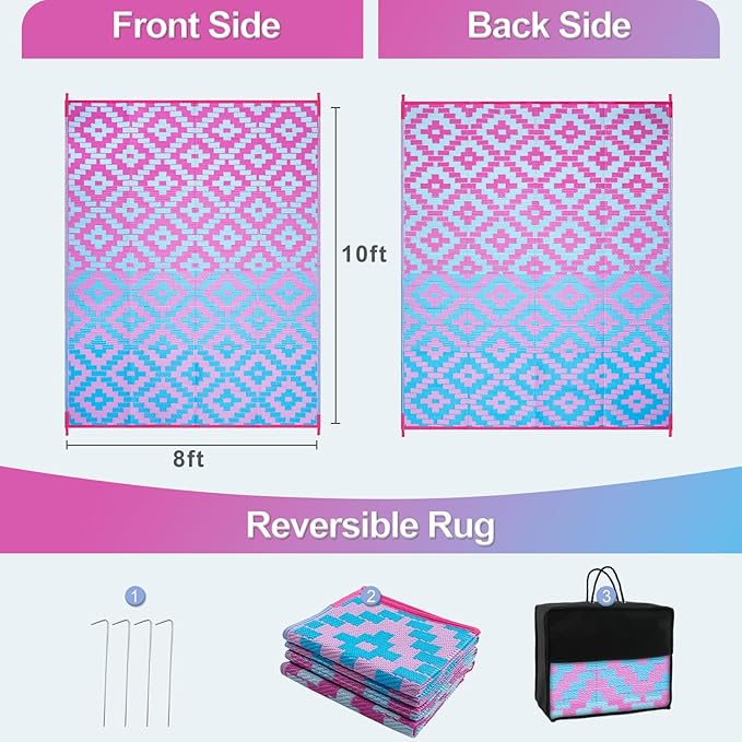 Wonnitar 8x10 Outdoor Rug, Large Waterproof Reversible Plastic Straw Rug for Patios, Indoor/Outdoor Area Rug Lightweight Camping Rug for Outside RV Balcony Garden Deck, Blue/Purple
