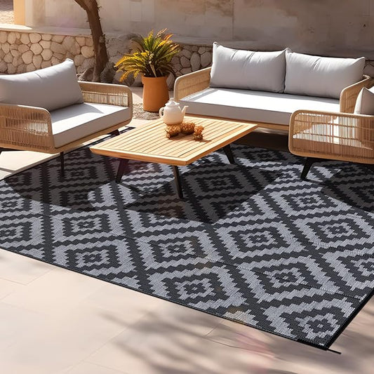 Outdoor Camping Rug Waterproof 6x9FT, Large Reversible Stain&UV Resistant Plastic Straw RV Rug for Outside Patio Pool Deck Beach Indoor, Area Carpet Mat with Portable Bag&4 Stakes-Black Grey Rhombus
