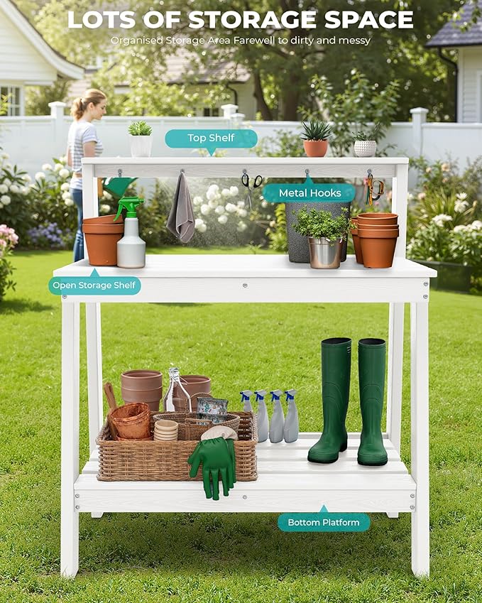 SERWALL Potting Bench Outdoor with Storage Set of 2, 3-Tier HDPE Gardening Table with Angled Legs & Tool Hooks, All-Weather Heavy Duty Potting Table for Patio, Backyard, Garden, White