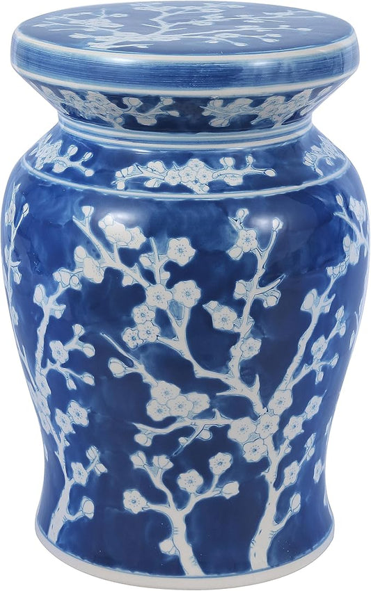 JONATHAN Y TBL1017D Cherry Blossom 17.75" Ceramic Indoor/Outdoor Garden Stool Coastal, Contemporary, Transitional, Patio, Garden Room, Bathroom, Living Room, Blue/White