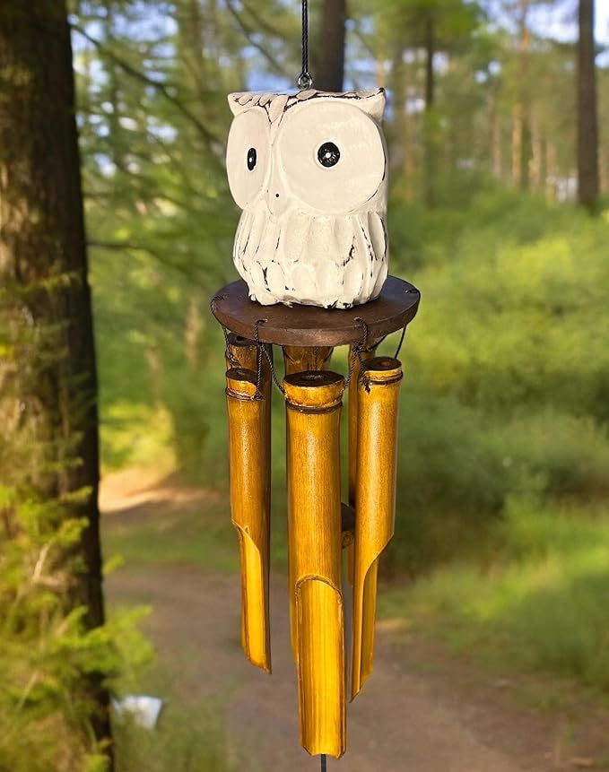 Big Eyed Owl Carved Wood and Bamboo Windchime – Distressed White Finish Hanging Outdoor Garden – Relaxing Calming Deep Tones