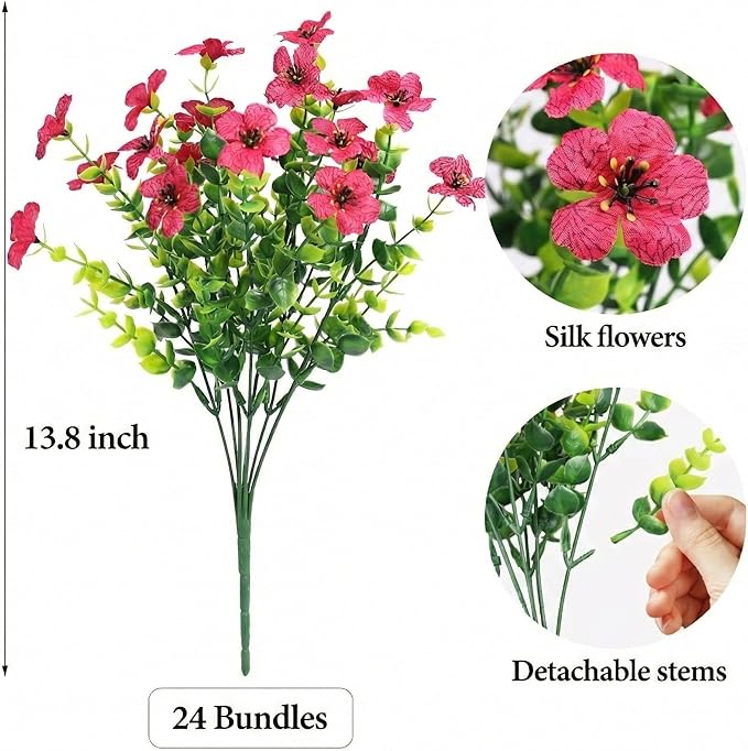 Artificial Flowers Outdoor Faux Plants UV Resistant Fake Patio Flowers Plastic Greenery Plnats Outside Bulk for Spring Garden Hanging Planter Home Vase Decor, 24 Bundles (Rose Red)