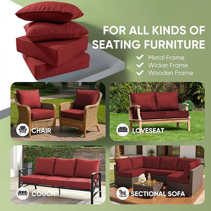 Outdoor Chair Cushion Set, 24x24 Waterproof Patio Chair Cushions, 6" Thickened Seat Cushion for Outdoor Chairs and Couch, Include 1 Back & 1 Seat Cushion, Thick/Red