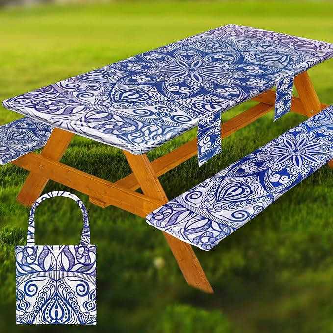 Picnic Table Cover with Bench Covers Vinyl Elastic Edges Fitted Rectangle Seat Tables Waterproof 3-Piece72X30in Set Outdoor Rectangular Folding Backing Tablecloth for Camping Over Size
