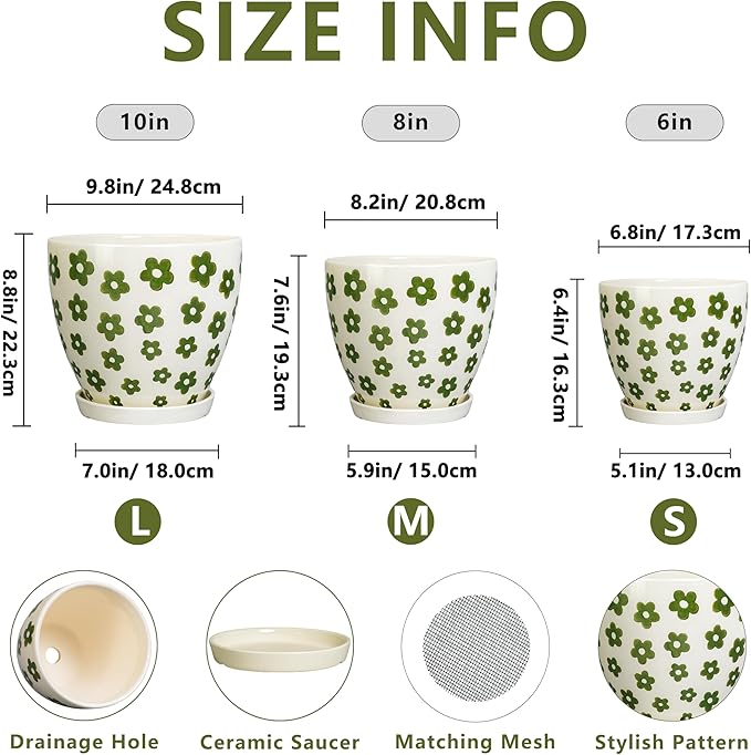 Indoor Plant Pots - 10+8+6 Inch Ceramic Planters for Indoor Plants, Boho Round Ceramic Flower Pots with Drainage Holes and Saucers, Housewarming Gifts, Home Decor, Set of 3, White