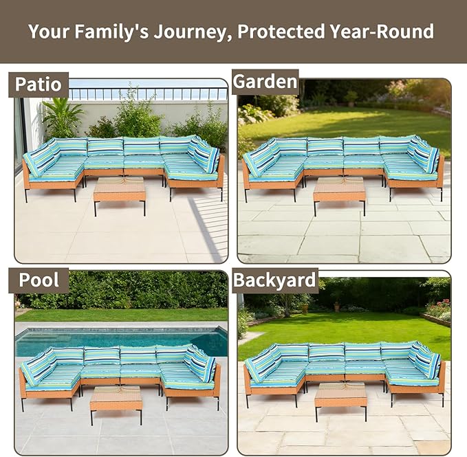 14Piece Outdoor Sofa Cushion Replacement, Patio Furniture Waterproof Cushion with Zippers, fit 6-Seat Outdoor Wicker Rattan Sectional Couch (Aurora, 25.6"x25.6"x3.9")