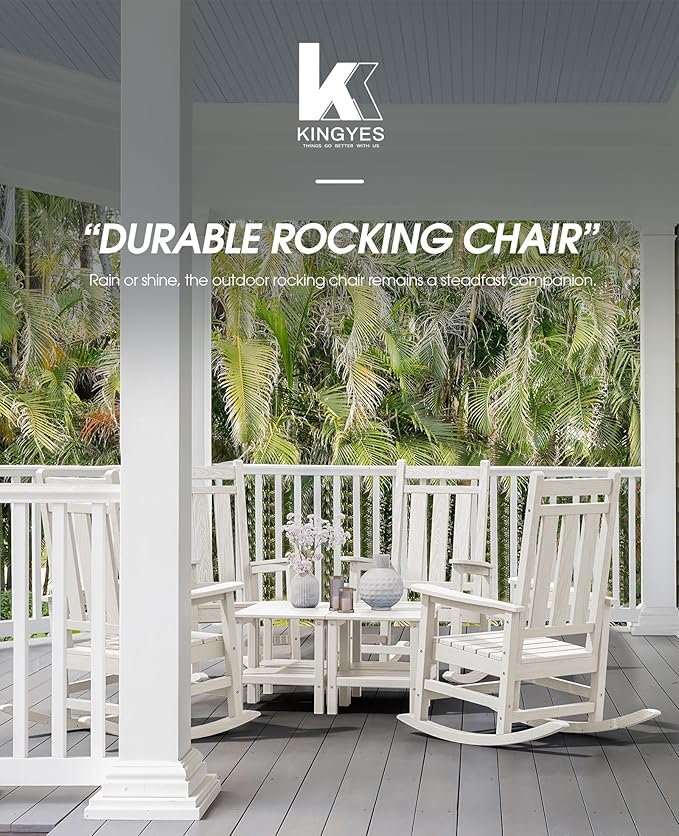 KINGYES Outdoor Rocking Chair Set of 4, All-Weather Patio Rocking Chairs for Porch, HDPE Rocking Outdoor Chairs with High Back for Adult, Heavy Duty Outdoor Patio Rockers for Garden, Lawn, White