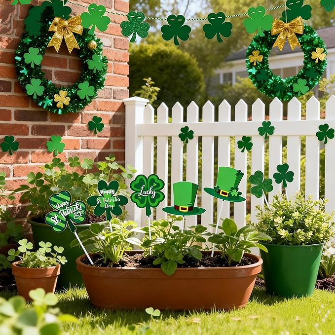 6 Pcs St. Patrick's Day Outdoor Decorations, Metal Shamrock Decorative Garden Stakes Yard Signs Perfect for Garden Lawns, Porches, Potted Plants and St. Patrick's Day Party Decor
