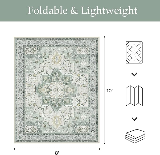 GENIMO Outdoor & Indoor Area Rug 8'x10', Waterproof, Non-Shedding, Easy Cleaning, Boho Mat for Patio, Living Room, Balcony, Dining Room, RV, Deck, Bedroom, Camping, Outside Carpet,Light Green