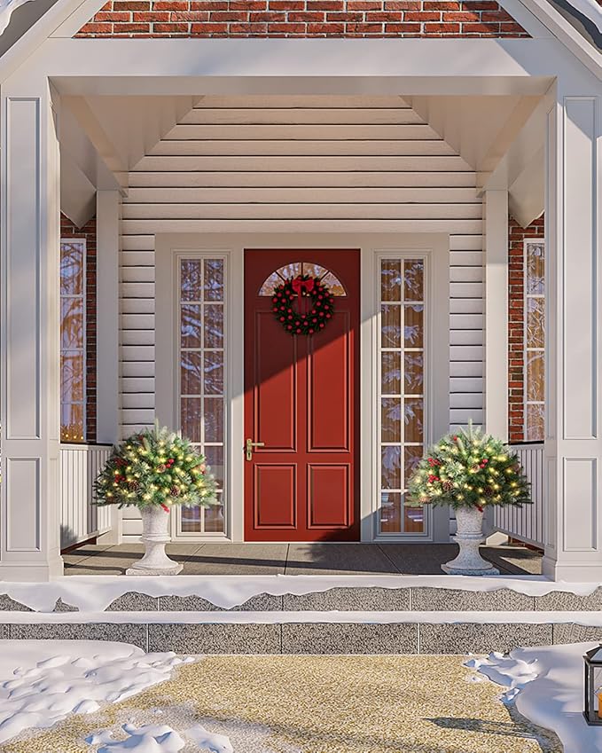Outdoor Christmas Tree Frosted Urn Filler, Pre-lit Artificial Xmas Tree with LED Lights, 18 Inch Small Christmas Tree with Cones & Red Berries