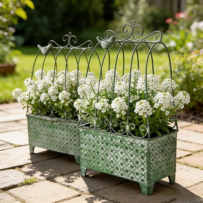 2-Piece Vintage Green Metal Birdcage Planter Set, Decorative Flower Pots with Ornate Design for Indoor Outdoor Garden Decor, Distressed Planters (Green)