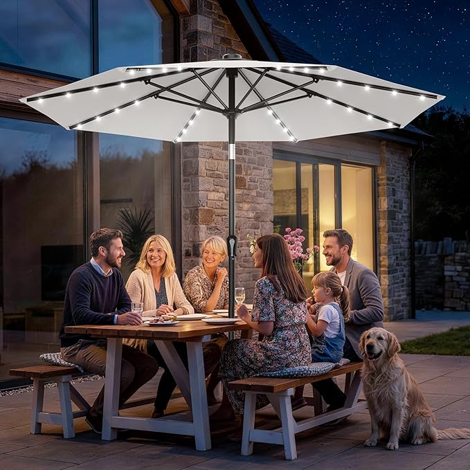 AreShark 9FT Patio Umbrella with Solar Lights, 32 LED Lighted Pool Umbrella w/Tilt and Crank, Outdoor Market Solar Umbrellas for Garden, Deck, Backyard, Pool and Beach, Light Gray