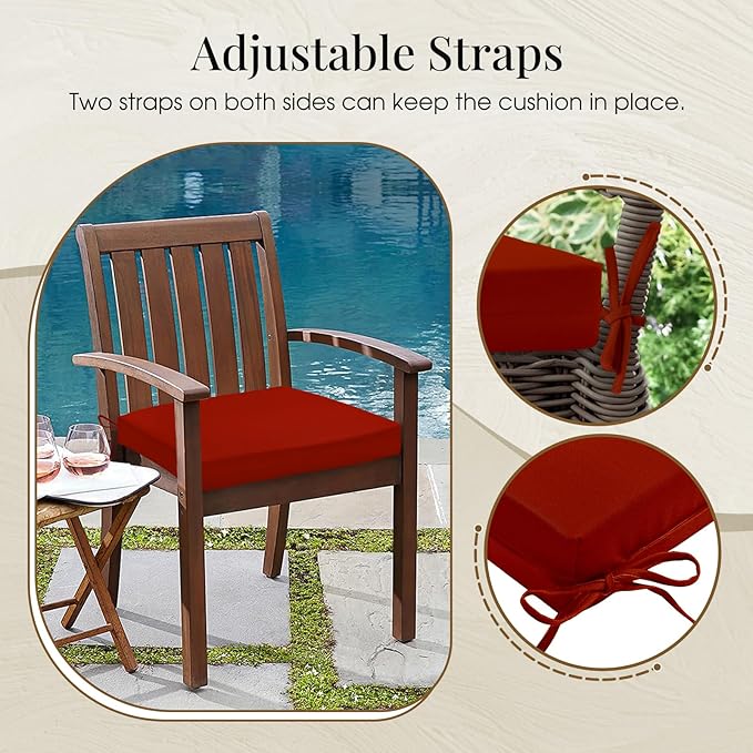 downluxe Outdoor Chair Cushions Set of 4 for Patio Furniture, Water-Resistant Square Corner Patio Chair Cushions with Ties, High Density Foam Outdoor Seat Cushion, 18.5" X 16" X 3", Brick Red