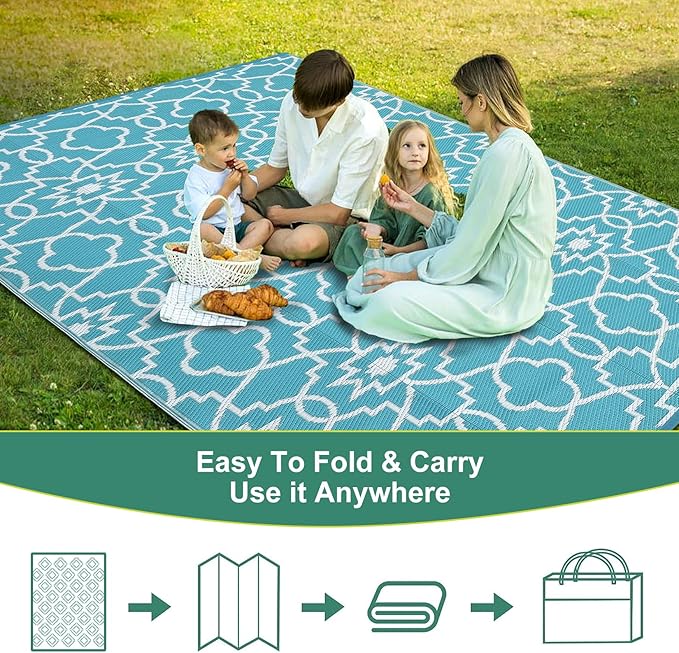 GAOMON Large Outdoor Camping Rug 9x18 Geometric Floral Reversible Outdoor Carpet, Foldable Modern Plastic Straw Patio Rug, Portable Outside Floor Mats for Porch, Beach, Balcony, Teal/White(Floral)