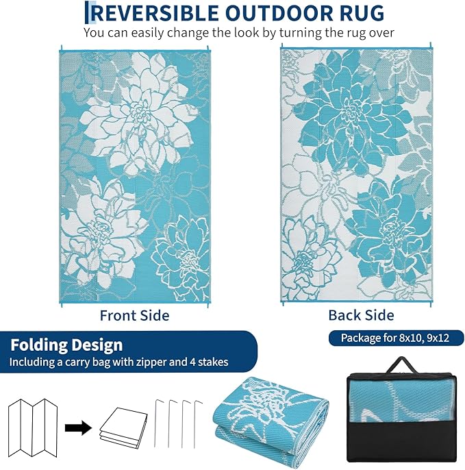 COZYLOOM Outdoor Plastic Straw Rug 9x12 UV Resistant Waterproof Patio Rug, Reversible RV Camping Mat with Portable Bag & 4 Stakes, Modern Floral Outdoor Carpet for Balcony Deck Yard, Light Blue