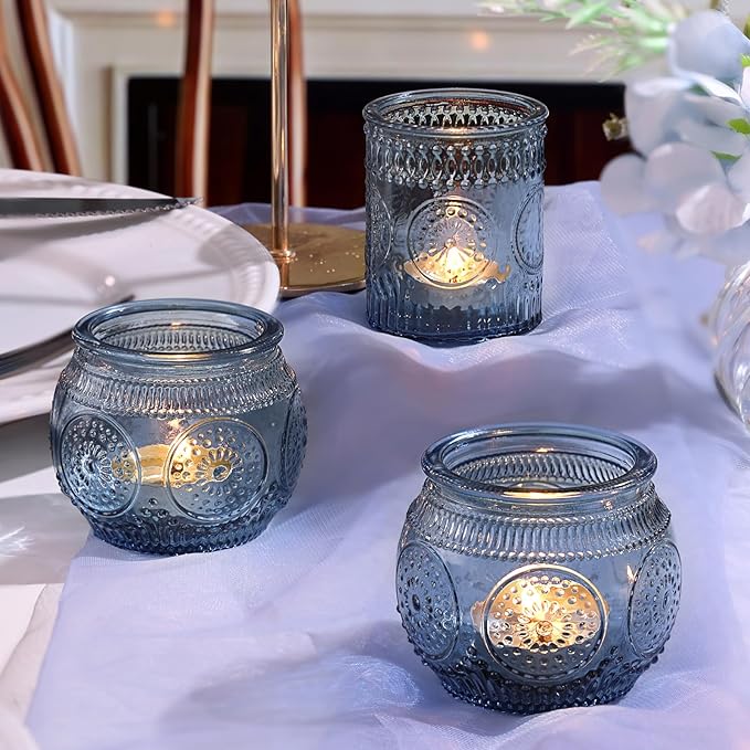DARJEN 24Pcs Blue Votive Candle Holders - Glass Candle Holder for Party Decoration, Tea Lights Candle Holder for Wedding Shower & Gift
