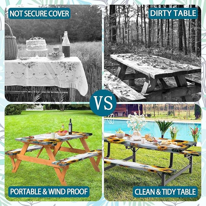 Picnic Table Cover with Bench Cover, Outdoor Patio Camping Essentials Farmhouse Sunflower Table Covers with Elastic Waterproof Camping Tablecloth with Drawstring Bag, 96In 3PCS