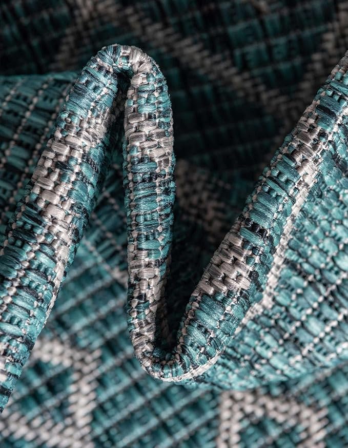 Unique Loom Outdoor Trellis Collection Area Rug - Tribal Trellis (5' 3" Square, Teal/ Ivory)
