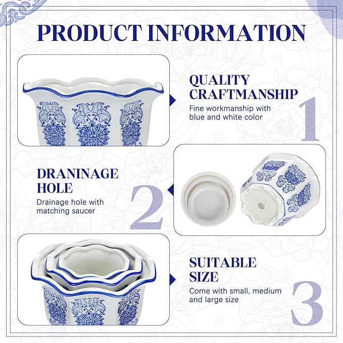 Set of 3 Blue and White Porcelain Flower Pots 7.2'' 6'' 4'' Decorative Chinoiserie Plant Pots with Drainage Hole Saucers Ceramic Planters for Indoor Garden(Classic Style)