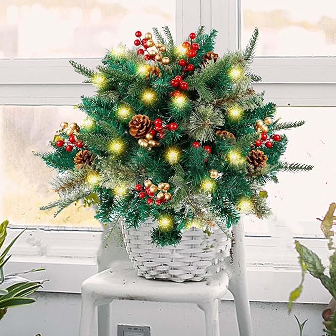 2 Pack Pre-lit Artificial Christmas Tree Urn Filler, Battery Operated Lighted Xmas Tree with Pinecones & Berries, Holiday Planter Filler Outdoor Waterproof Decor for Porch, Garden, Yard