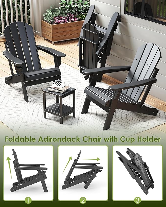 GREENVINES Folding-Adirondack-Chairs-Set-of-4 | HDPE Plastic | Fire Pit Chair | All Weather | Cup Holder | Black | for Deck Backyard Patio Outdoor Garden