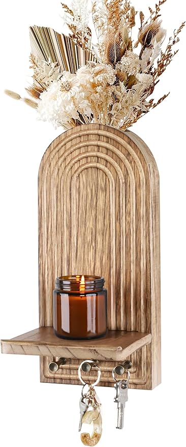 3-in-1 Wooden Wall Organizer - Planter Vase + Candle Sconces + Hooks (No Dried Flower)- Farmhouse Hanging Decor Boho Wall Art for Indoor Plants Artificial Eucalyptus for Living Room Bedroom Nature