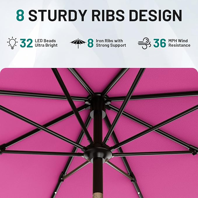 AreShark 9FT Patio Umbrella with Solar Lights, 32 LED Lighted Pool Umbrella w/Tilt and Crank, Outdoor Market Solar Umbrellas for Garden, Deck, Backyard, Pool and Beach, Rose Pink