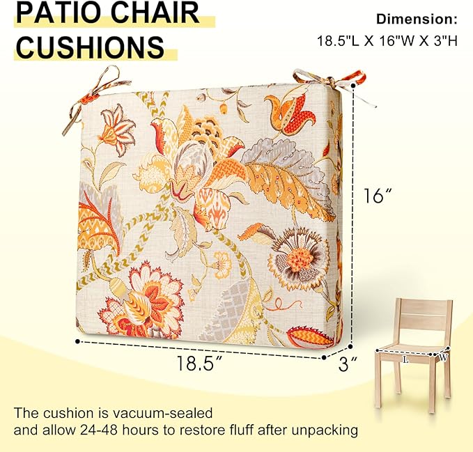 downluxe Outdoor Chair Cushions Set of 4 for Patio Furniture, Water-Resistant Square Corner Patio Chair Cushions with Ties, High Density Foam Outdoor Seat Cushion, 18.5" X 16" X 3", Eva Floral