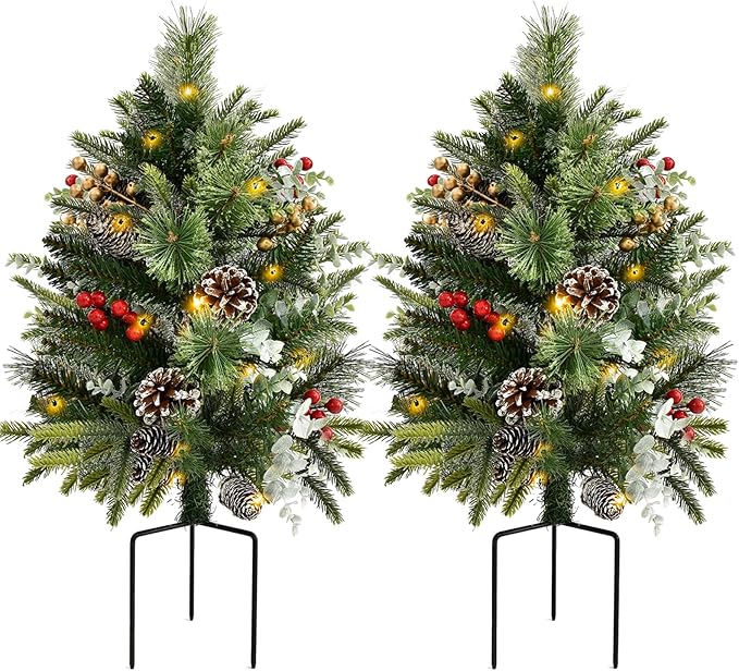 Pre-Lit Pathway Christmas Tree(2 Pack), Artificial Christmas Urn Filler with LED Lights, Golden & Red Berries, Pine Cones, Outdoor Light Up Planter Filler Holiday Home Decor