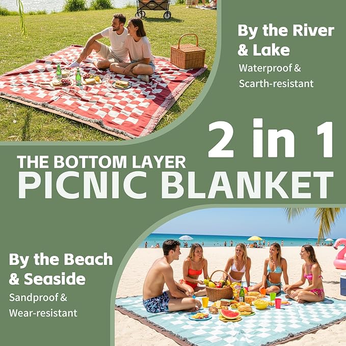 2 in 1 Extra Large Outdoor Picnic Mat Woven Summer Throw Blanket Boho Giant Beach Travel Essential Yoga Accessories Park Patio Lawn Garden Grass Ground Play Music Festival Concert Must Have