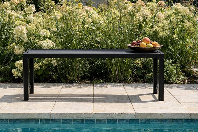 Outdoor Metal Backless Bench Weatherproof Patio Bench with Slatted Seat, All-Weather Garden Bench for Porch, Patio, Lawn and Backyard, Black