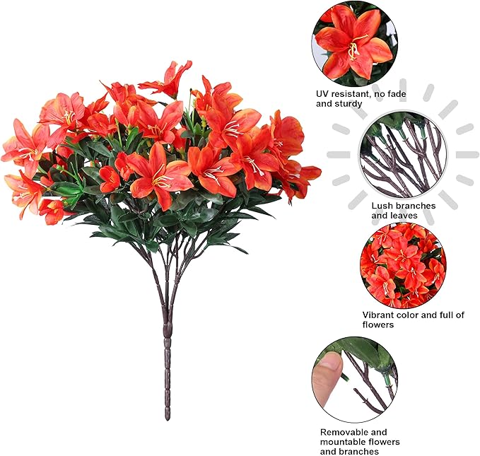 INSPRING Artificial Fake Flowers for Outdoors Spring Decoration, 3 Bundles Realistic Faux Azalea Plants Flower UV Resistant Silk Flowers for Outside Outdoor Planter Porch Patio Yard Garden Home, Mix