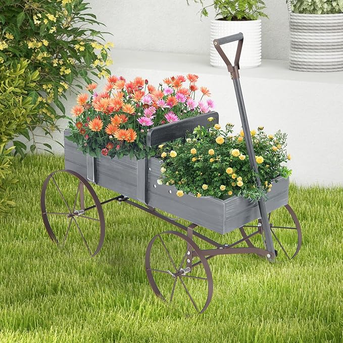Wooden Wagon Planter with Wheels, Indoor/Outdoor Flower Cart w/Dual-Compartment & Adjustable Handle, Decorative Garden Planter for Home, Yard, Wedding (Grey)