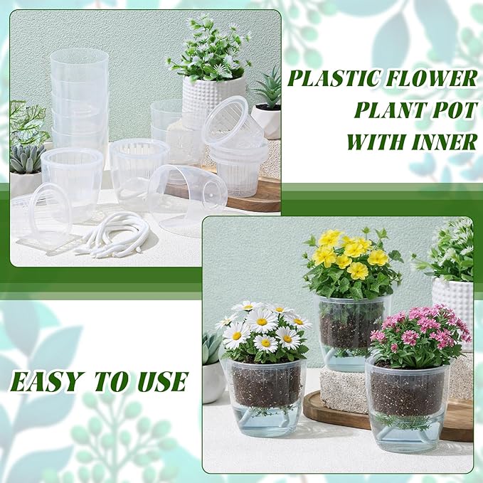 36 pcs Self Watering Pots, 3.5 Inch Plastic Flower Plant Pot with Inner Pot Self Watering Wick Planter White Clear Flower pots for Indoor House Plants Herbs, Flowers, Succulents