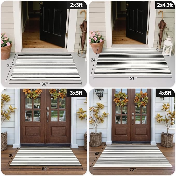 OJIA Outdoor Area Rug 4'x6', Black and White Outdoor Rug Machine Washable Patio Rugs Cotton Hand Woven Door Mats Indoor Outdoor Striped Rugs for Front Porch/Deck/Backyard/Balcony/Home Decor