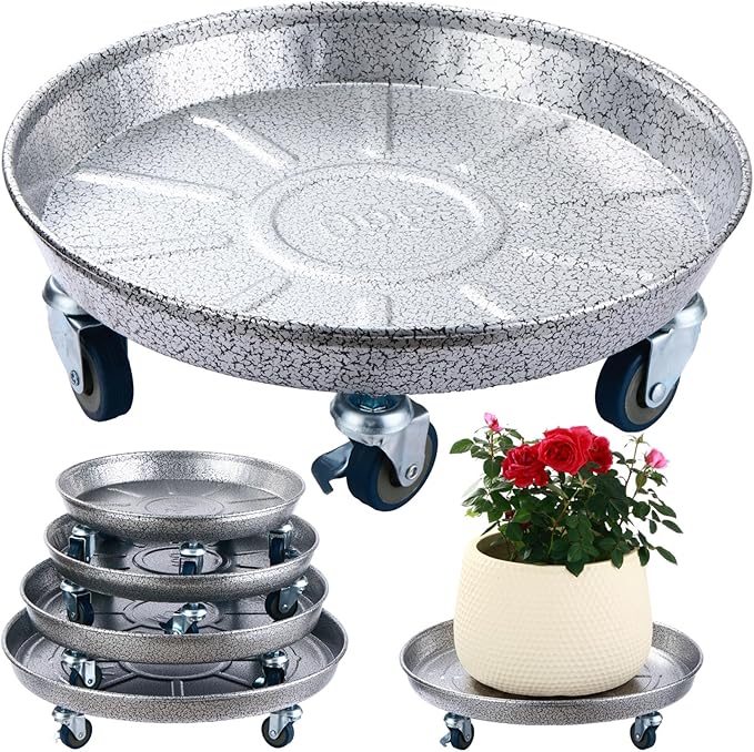 Planterhoma 3 Packs 18 Inch Metal Plant Caddy with Wheels Extra-Large Rolling Plant Stand Heavy-Duty Iron Plant Dolly Casters for Indoor Outdoor Flower Pot Mover Roller Coasters, Silver-Black