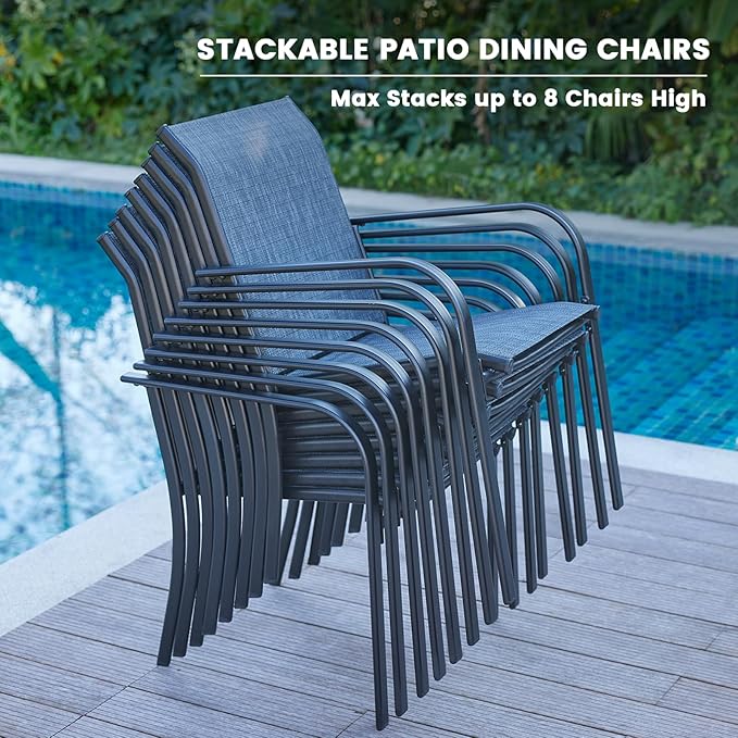 VICLLAX Patio Stackable Dining Chairs Set for 2, Outdoor Sling Chairs with Metal Frame for Front Porch Balcony Backyard Garden and Deck, Black Grey